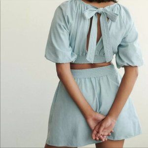 Anthropologie Love The Label Blue Puff Sleeve Chambray Dress